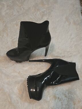 bebe Black Patent Platform Ankle Booties with Stiletto Heel